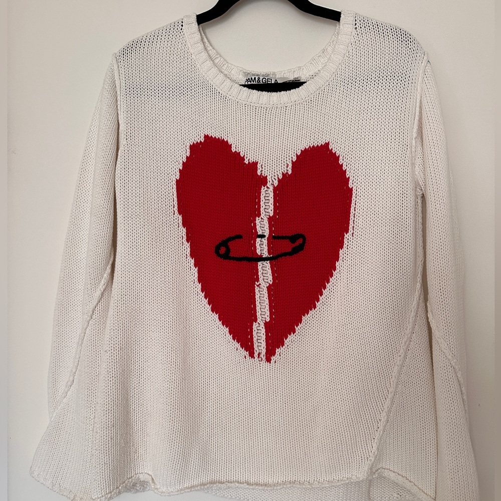 Pam & Gela Cream Sweater with Red Heart